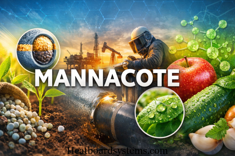 Illustration showing Mannacote coating technology used in agriculture fertilizers, industrial pipes, and sustainable crop protection.