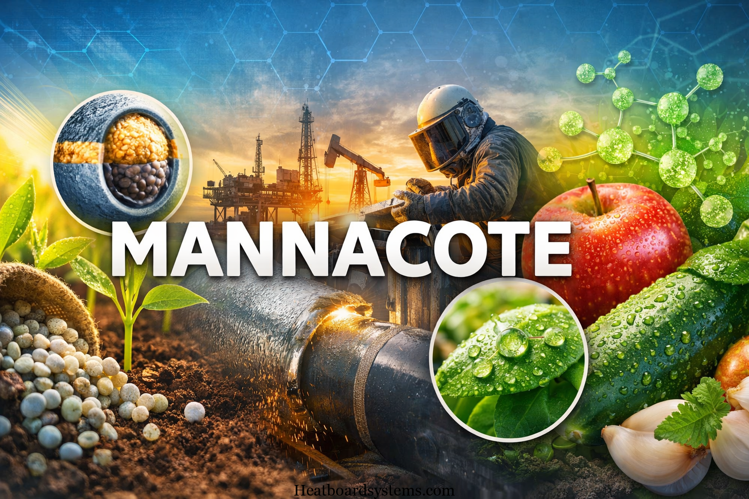 Illustration showing Mannacote coating technology used in agriculture fertilizers, industrial pipes, and sustainable crop protection.
