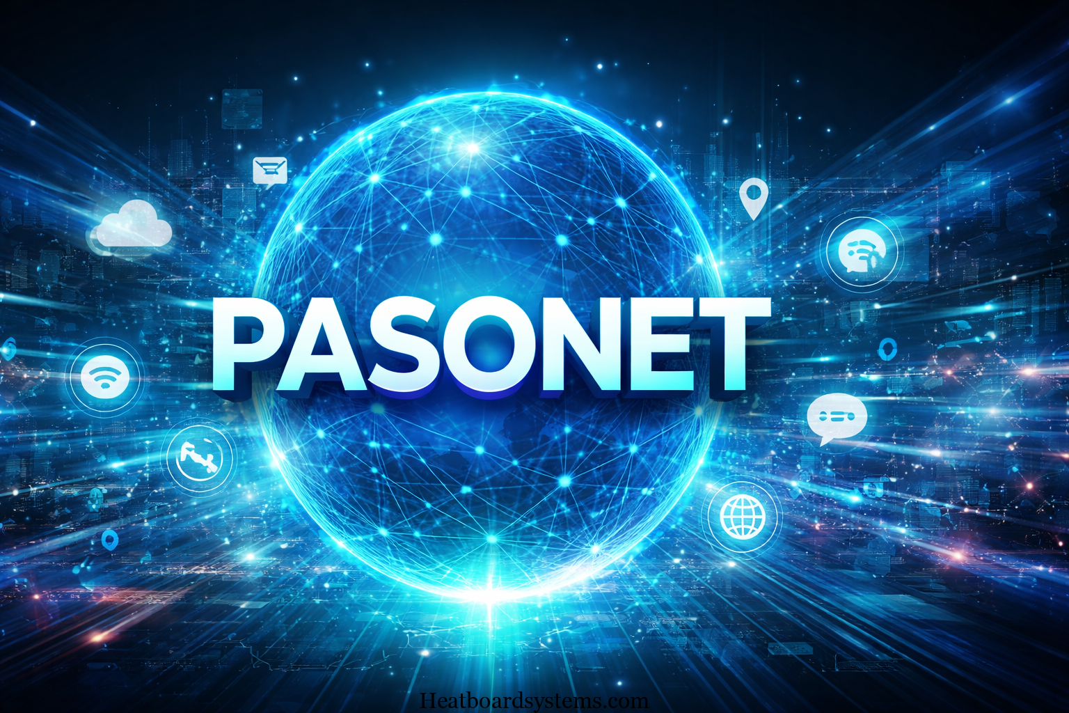 Pasonet digital network concept showing a global technology network connecting people, data, and online platforms.