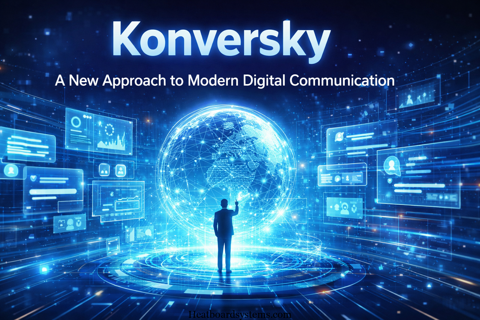 Konversky digital communication concept showing futuristic technology, AI interaction, and connected global networks