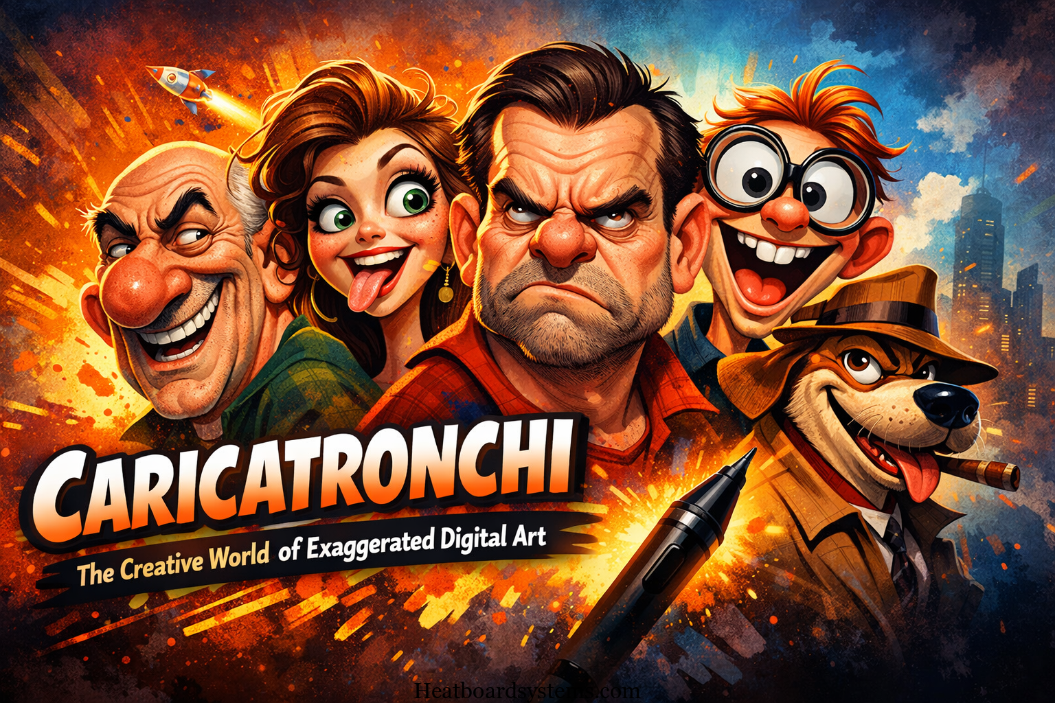 Colorful exaggerated cartoon characters representing the concept of Caricatronchi in digital art and caricature-style illustration