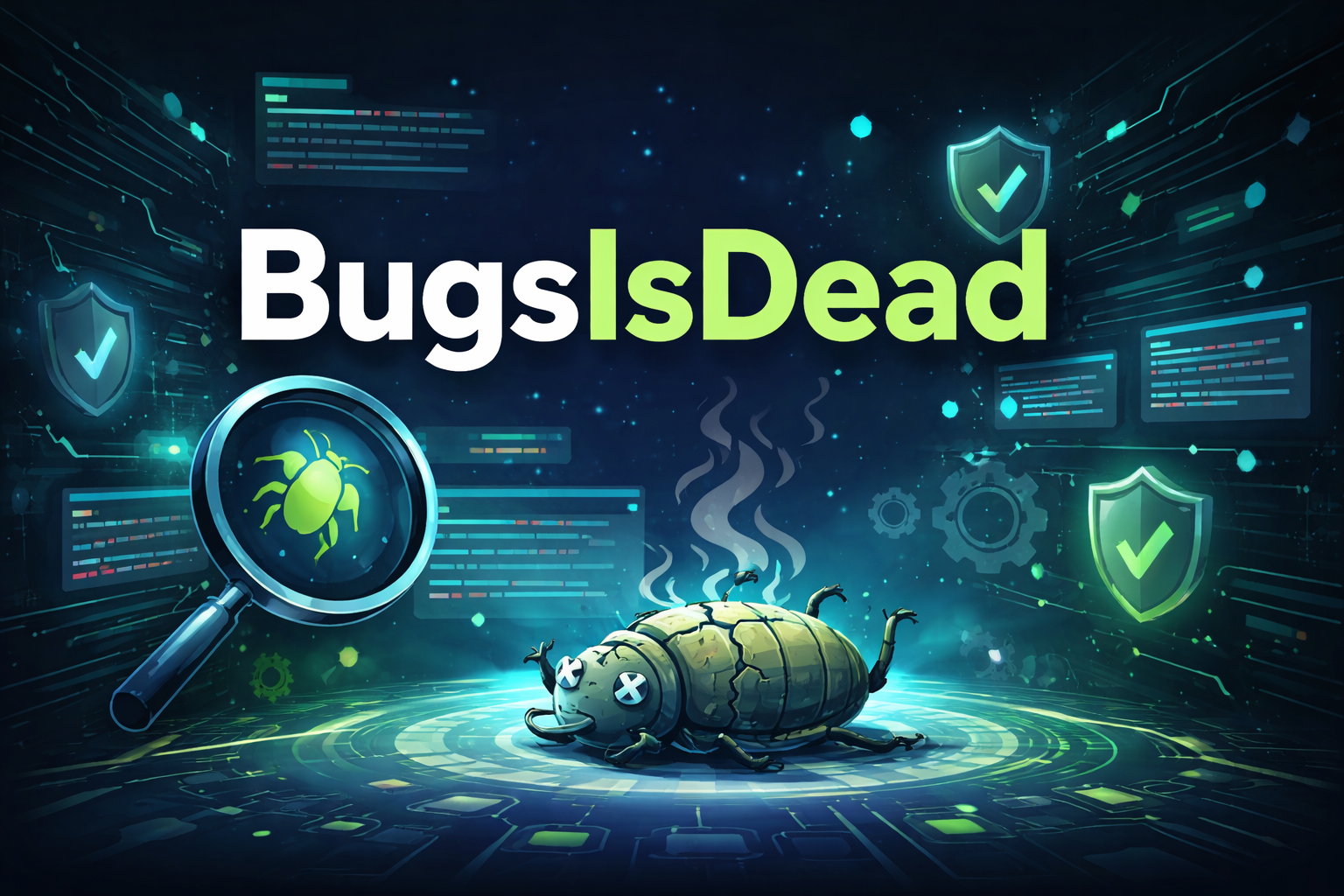 Illustration representing Bugsisdead concept showing a defeated software bug, coding interface, and cybersecurity shields symbolizing successful debugging and stable software.