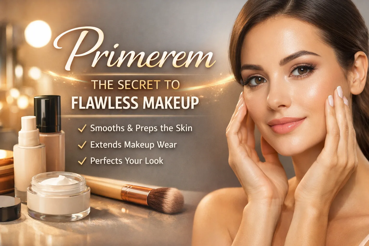 Primerem makeup primer concept showing beauty products and flawless skin preparation before foundation.