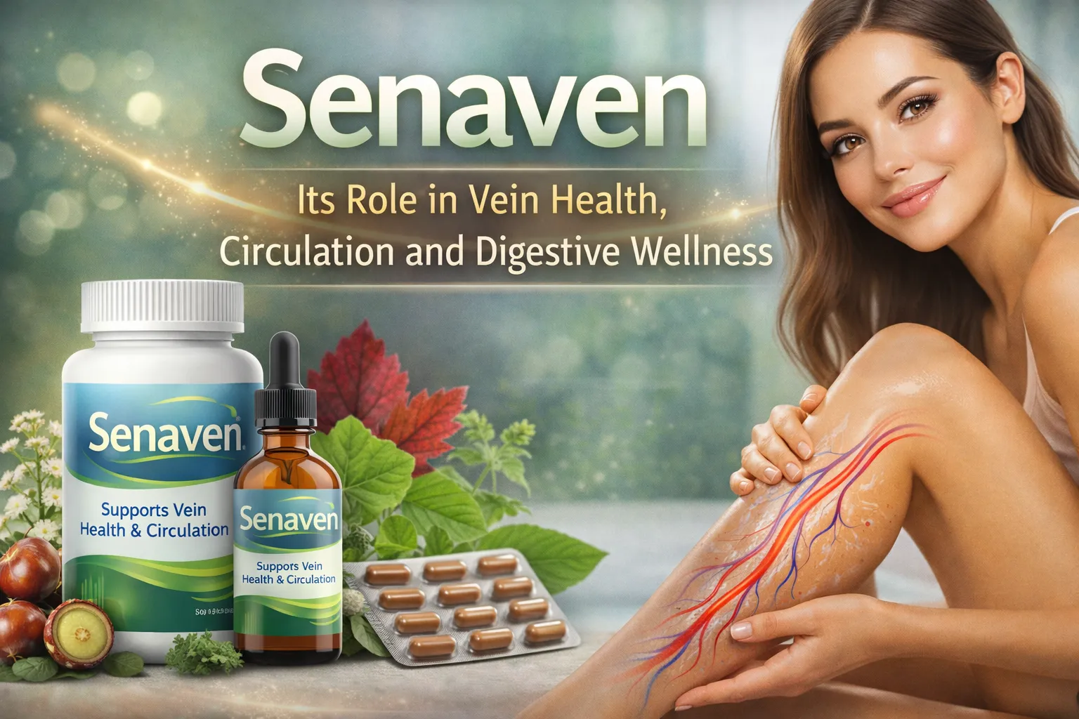 Senaven supplement concept illustrating healthy veins, improved circulation, and digestive wellness support.
