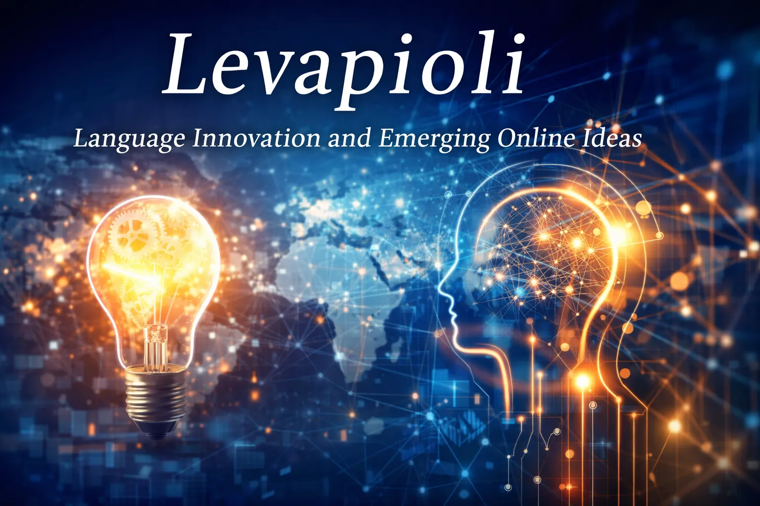 Digital concept illustration representing Levapioli with glowing idea symbols, network connections, and language innovation theme