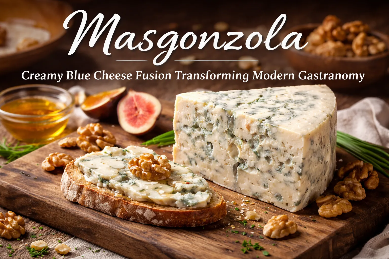 Masgonzola creamy blue cheese served on rustic bread with walnuts, figs, and honey on a wooden board